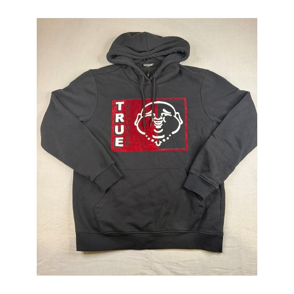 True Religion Mens Black Flocked Buddha Box Logo Pullover Hoodie Size Large